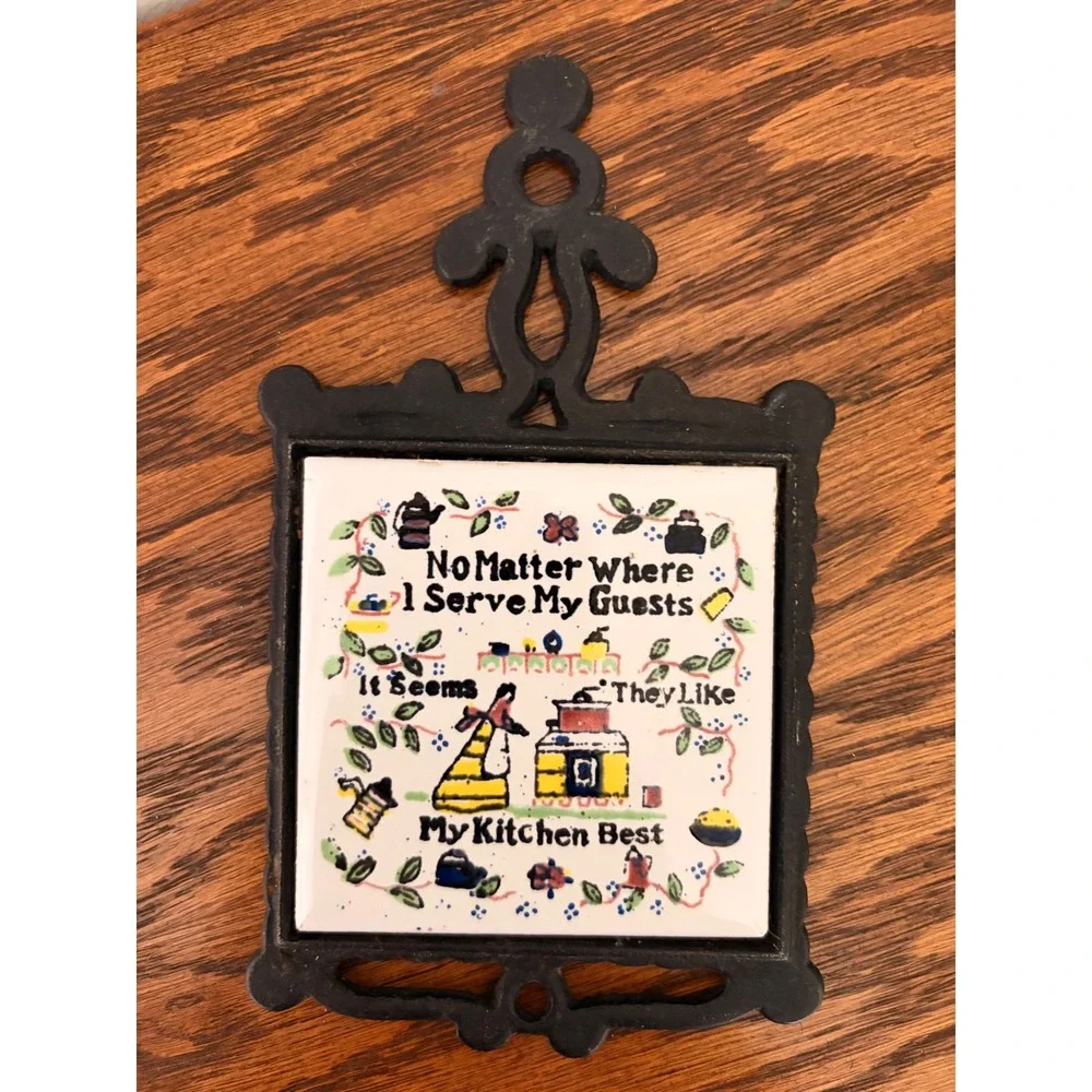 Small Vintage Cast Iron Trivet Ceramic Tile My Kitchen Best Folk Art Wall Decor